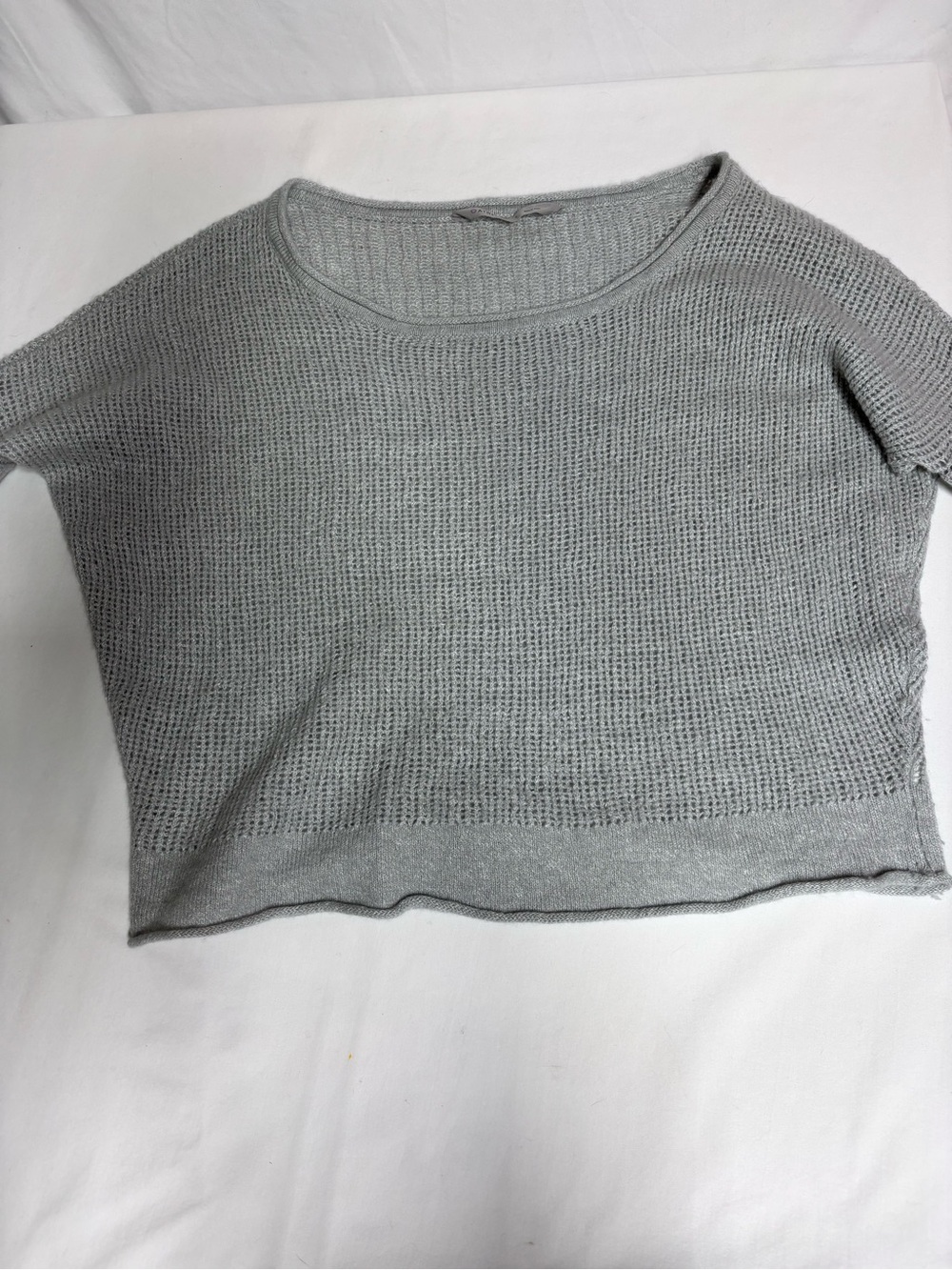 Athleta Cashmere Linen Sweater Top L Gray Open Knit Short Sleeve